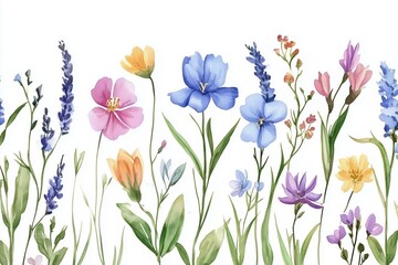 Beautiful seamless horizontal floral pattern with watercolor spring flowers. Stock illustration. 