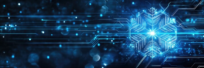 Futuristic digital snowflake: neon blue tech circuit design