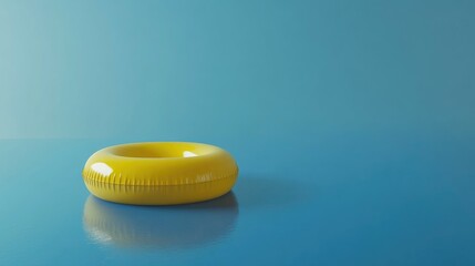 Vibrant yellow float ring resting on a pristine blue pool surface with ample negative space for text placement and design elements