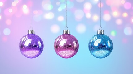 Obraz premium Colorful glitter christmas ornaments hanging against a bokeh background