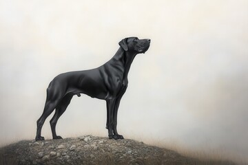 Obraz premium Great Dane Standing Tall: A black Great Dane standing on a rocky hill
