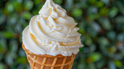 Delicious ice cream cone topped with whipped cream.