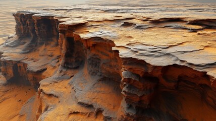 Rugged desert cliffs with deep erosion and striking orange hues create a dramatic, otherworldly landscape.