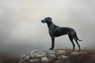 Great Dane Standing Tall: A black Great Dane standing on a rocky hill