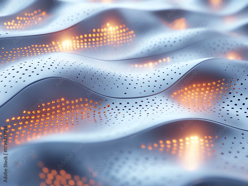 Poster abstract wave-like surface with glowing elements, suggesting a futuristic design.