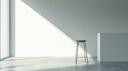 Minimalist steel bar stool positioned in a spacious, bright interior with soft shadows, perfect for modern creative environments.
