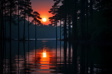 Orange moon rising a silhouette of tall trees next to a calm body of water. Moon and its interplay with the landscape.