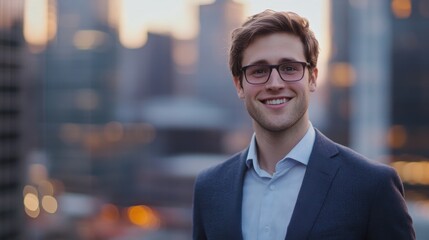 Fototapeta premium Professional young man in suit standing outdoors against an urban skyline at sunset, radiating confidence and approachability in a business setting