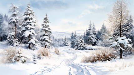 Watercolor painting empty panoramic winter background with copy space
