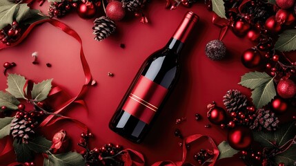 Elegant mockup card with a red wine bottle surrounded by festive decorations, including pine cones, red ornaments, and leafy accents on a rich red background.