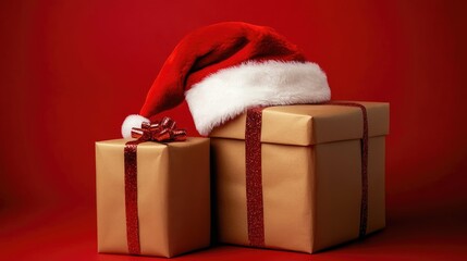 Festive Christmas presents adorned with ribbons beside a plush Santa hat on a bright red background, perfect for holiday gift inspiration.