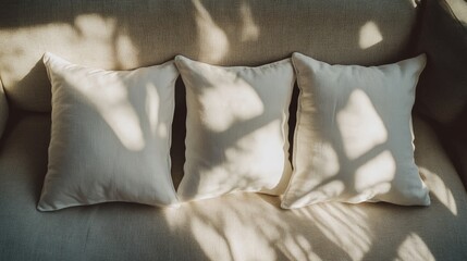 Three plush white pillows artfully arranged on a soft, neutral fabric surface, casting delicate shadows from nearby light source.