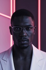 Obraz premium African man in glasses with intense look and neon lighting.