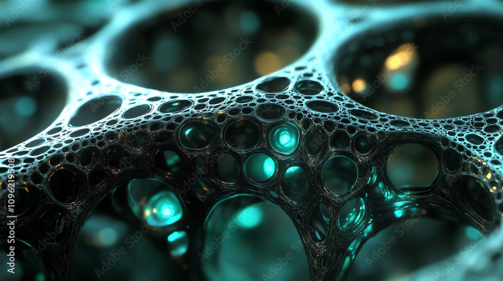 Poster Abstract representation of interconnected cellular structures with glowing elements.