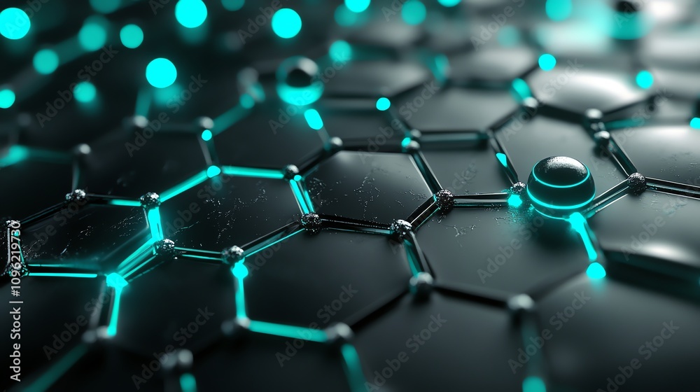 Poster Abstract representation of a molecular structure with glowing elements.