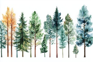 Fototapeta premium Hand painted forest trees on white background with watercolors