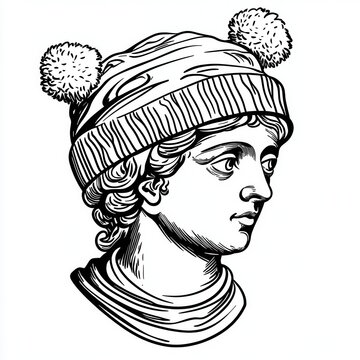 recommend clip art: A black and white line drawing of the head statue of the Greek goddess Sybil, wearing a beanie hat with pom poms on top. 