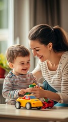 Fototapeta premium Joyful moment of connection as woman and young boy play together with colorful toy cars, their smiles radiating warmth and happiness in a cozy home setting.