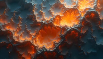 Rotating, intricate shapes and orange, blue, and gold lines. Complex and abstract fractal patterns