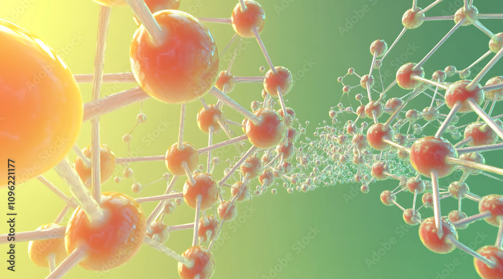 Poster exploration of molecular structures showcasing connections in a vibrant yellow and green background