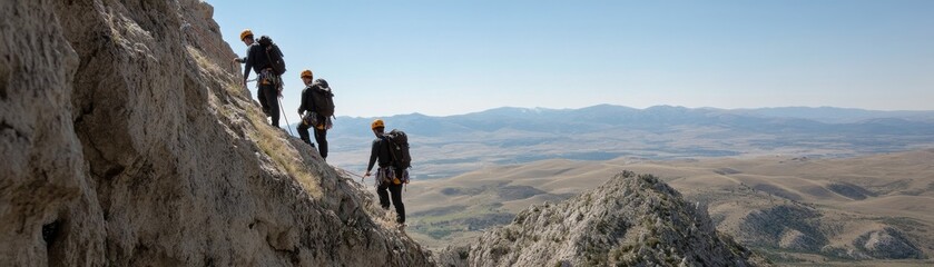 Fototapeta premium Climbers traverse a rocky ridge with expansive mountain views, showcasing determination and adventure in the great outdoors.