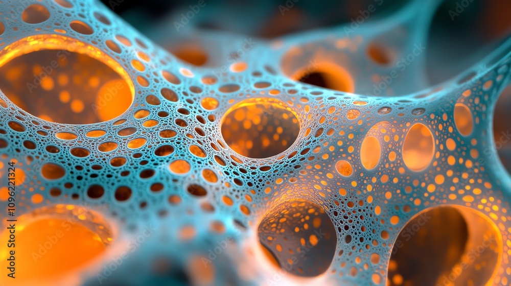 Poster Abstract representation of interconnected structures with glowing elements.