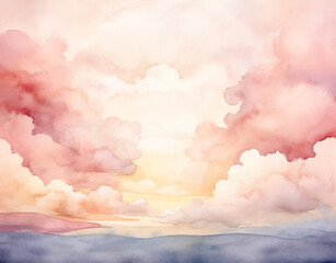 Vibrant watercolor sky features dramatic clouds, soft pastel hues, a glowing horizon, and a tranquil scenic landscape.