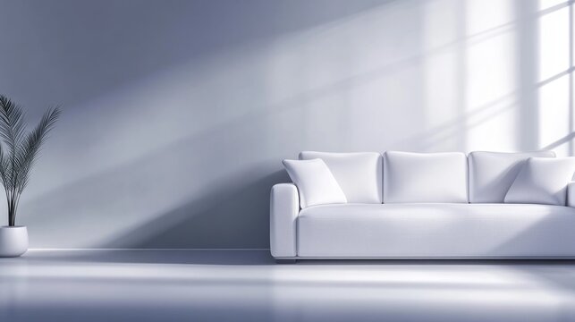 Serene Scandinavian interior showcasing a cozy white sofa in a minimalistic design with soft natural light and subtle plant accents.