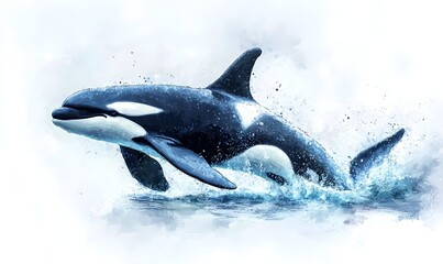 Fototapeta premium An orca whale leaping gracefully out of the ocean with water splashing around it and the vast ocean stretching out in the background