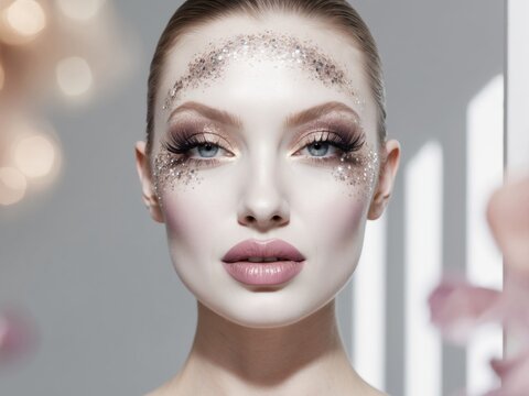 Beautiful model showing creative glitter makeup and long eyelashes.