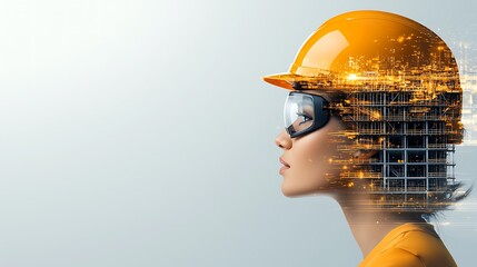 A construction worker wearing a smart helmet and AR glasses, viewing a 3D model of a building project with real-time construction data and blueprints. The scene shows a bustling construction 
