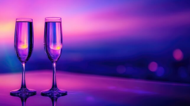 Champagne glasses glimmering against a vibrant festive background, with a mesmerizing purple and blue gradient providing ample space for personalized text.