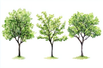 Obraz premium Set of watercolor green trees isolated on a white background, ideal for landscape and architectural drawings, environmental elements, gardens, and botanical spring sections