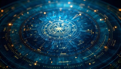 In the dark background, there are complex golden lines, symbols, and constellations, as well as detailed astrological or celestial charts,