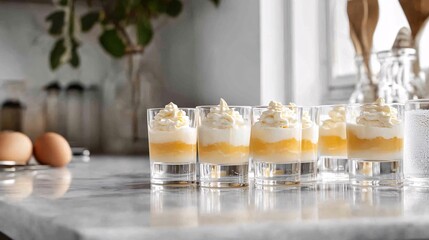 Obraz premium Delicious Layered Desserts Displayed on Elegant Kitchen Countertop