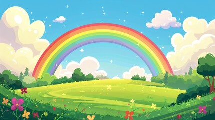 Obraz premium Vibrant Rainbow Arc Over Scenic Green Meadow with Flowers and Clear Sky