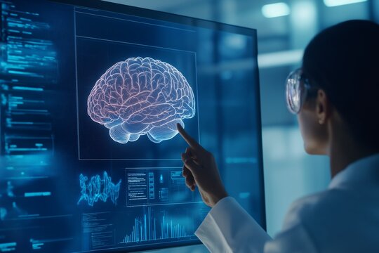 Scientist pointing at 3D digital brain model on a monitor. Advanced medical technology for neuroscience research and diagnostics. Visualization of brain anatomy and data analysis