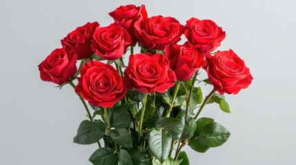 Obraz premium Vibrant bouquet of deep red roses arranged elegantly with lush green leaves, set against a soft grey background, showcasing their rich color and textures.