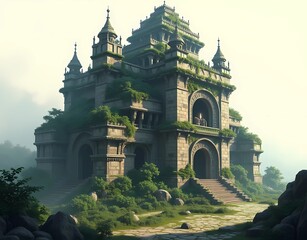 Illustration of a forest fantasy building with an intricate architectural foundation of ancient bricks on a plain gray and white background