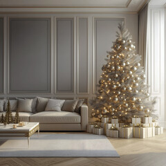 Aesthetic room interior design with Merry Christmas elements. Wall with New Year decoration in the apartment. Holiday tree in the room.
