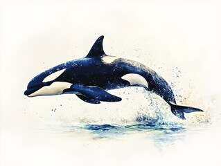 Obraz premium An orca whale leaping gracefully out of the ocean with water splashing around it and the vast ocean stretching out in the background
