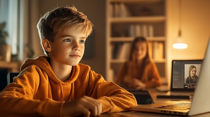 A group of students on a video call, learning remotely from different locations, all using laptops and tablets, in various home environments with bookshelves and study materials visible. Ultra-Realist