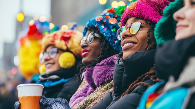 Diverse group enjoying festive celebration with colorful attire and drinks