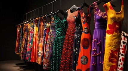 Vibrant display of diverse dresses showcasing an array of unique fashion designs and rich textile patterns on a sleek clothing rack.