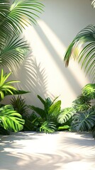 Fototapeta premium Sunlight casts dramatic shadows through lush tropical foliage on a white wall, creating a serene and exotic atmosphere in this minimalist indoor garden scene.