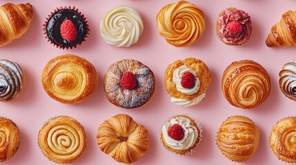 Fototapeta premium Top down view of fresh pastries including croissants, muffins and danishes, Generative AI
