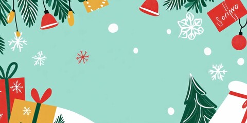 a cheerful holiday banner with a snowy winter landscape, highlighted by a beautifully adorned Christmas tree, presented in vibrant vector illustration style.