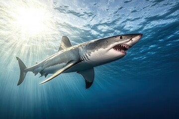 Fototapeta premium Great White Shark Underwater Profile A powerful great white shark