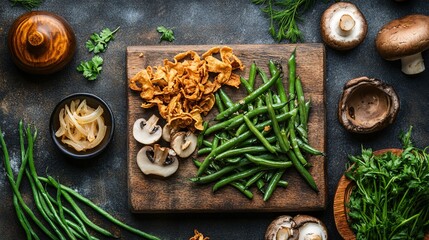 Fototapeta premium Fresh Green Beans and Mushrooms on Rustic Wooden Cutting Board