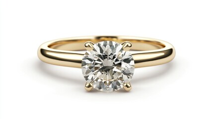 Elegant yellow gold engagement ring featuring a brilliant round diamond center stone, showcased against a pristine white background for a timeless and classic appeal.
